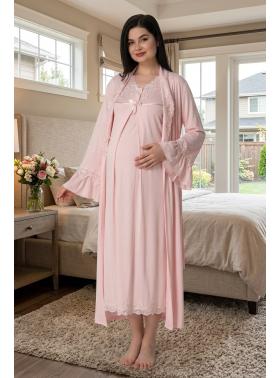 Effortt 7035 Pudra Pembe Dantel Sabahlıklı Lohusa Gecelik Takımı